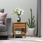 Walnut brown nightstand with drawer and open shelf, compact square footprint