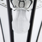 Clear glass globe bulb inside black lantern lamp shade
