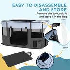 Grey foldable dog playpen with removable frame, mat, and storage bag