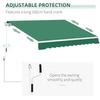 Green manual retractable awning with hand-crank mechanism and wavy front edge