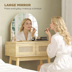 Vanity desk with arched mirror and two drawers, shown during makeup