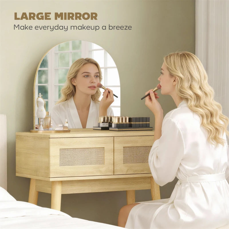 Vanity desk with arched mirror and two drawers, shown during makeup