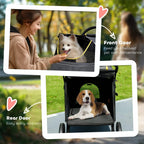 Foldable pet stroller with front and rear doors open, dark grey mesh