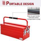 Red portable metal tool box with black grip carry handle and metal latches