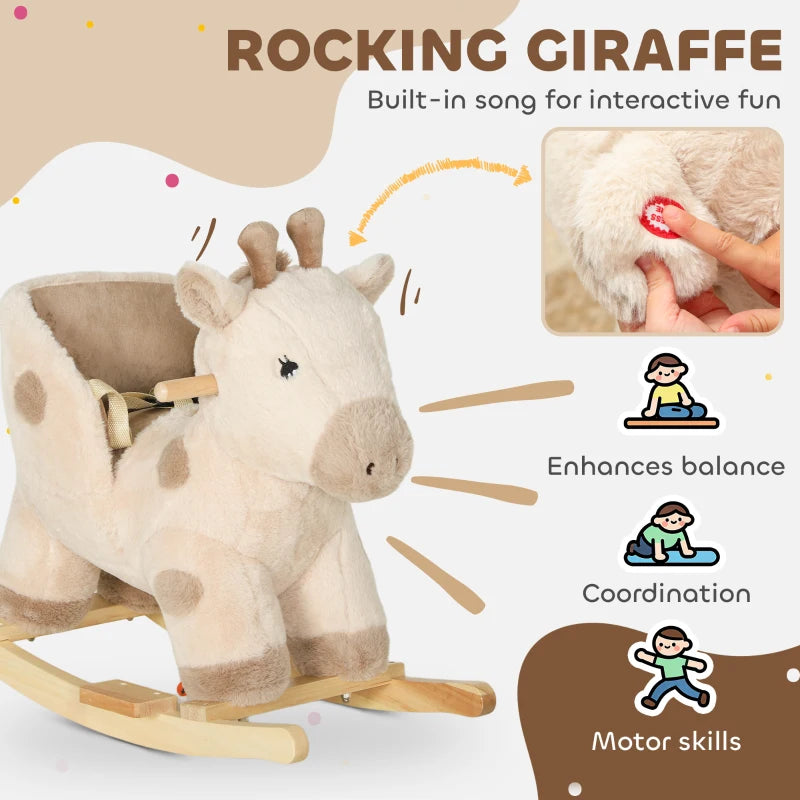 Beige plush giraffe rocking ride-on toy with plush head and curved wooden base