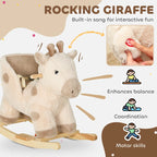 Beige plush giraffe rocking ride-on toy with plush head and curved wooden base