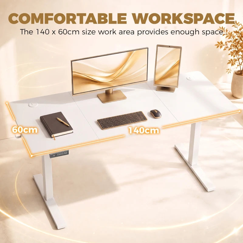 White standing desk with 140 x 60 cm work surface and cable-friendly design