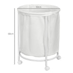 White fabric laundry bin on wheels with overall size height and width markers