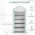Mini greenhouse with white PE cover and reinforced hem edges, front view
