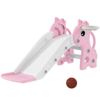 Pink kids slide with white ramp, giraffe climber frame and basketball hoop