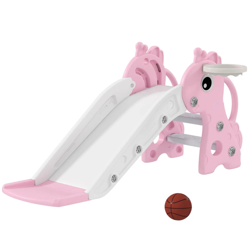 Pink kids slide with white ramp, giraffe climber frame and basketball hoop