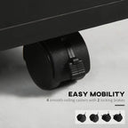Black caster wheel with locking brake on the base of a mobile filing cabinet
