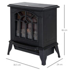 Black freestanding electric fireplace with LED flame effect, front glass and side panels.