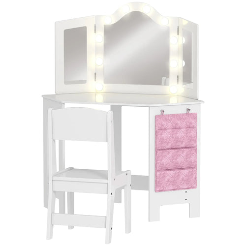 Kids white vanity table and stool set with tri-fold mirror, LED lights, and pink organizer
