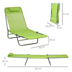 Green reclining sun lounger set with steel frame and padded headrest; size diagram