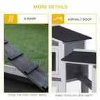 Grey rabbit hutch with black ramp and asphalt roof panels over mesh openings