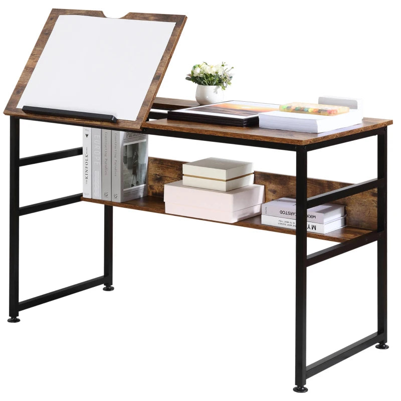 Adjustable drafting table with tilted tabletop, rustic brown surface, and black storage shelf