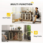 Oak-tone dog crate furniture with flat top surface and two sliding door panels.