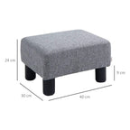 Grey linen ottoman footstool cube with black plastic legs, rounded top edges