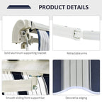 Retractable awning arms, smooth front support bar, and decorative striped edging