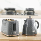 Grey 2-slice toaster and fast-boil kettle set on countertop