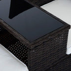 Close-up of center square table with dark brown woven rattan frame and black glass top
