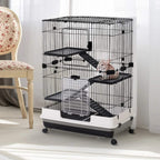 Three-tier small animal metal hutch, black wire with ramps, white base and tray