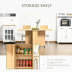 Teak storage-shelf dining table with open cabinet for pantry items and casters