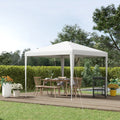White outdoor gazebo canopy tent with open sides, set up on a wooden deck