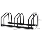 Black 3-bike floor rack, three U holders; shows size markings up to 76 cm long