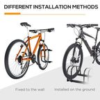 Black 3-bike rack shown for wall mounting and ground installation