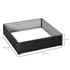 Square raised garden bed with grey metal frame, showing 120 cm by 120 cm size