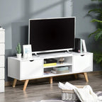 White TV stand cabinet with open media shelves, drawers, and visible wood legs