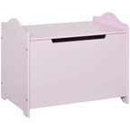 Pink wooden kids toy box with lift-up lid and long front opening handle slot.