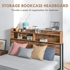 Industrial storage headboard bookcase-style double bed frame in rustic brown with steel sides