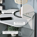 Grey side table with clear tempered glass shelves and sturdy frame, shown in close-up.