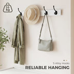 White wall coat rack with 5 hooks for hanging bags, coats, and accessories