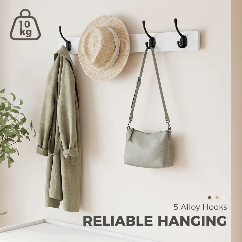 White wall coat rack with 5 hooks for hanging bags, coats, and accessories