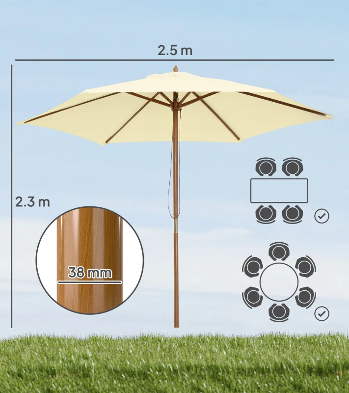 2.5m Wood Garden Parasol Sun Shade Patio Outdoor Wooden Umbrella Canopy, Table Market Umbrella with Vent, 38mm Pole, Rope Pulley Mechanism, Cream White