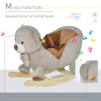 Grey plush bear rocking ride-on with music ear feature and wooden rocker base