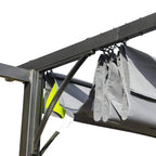 Grey retractable pergola canopy edge with adjustable straps on steel frame
