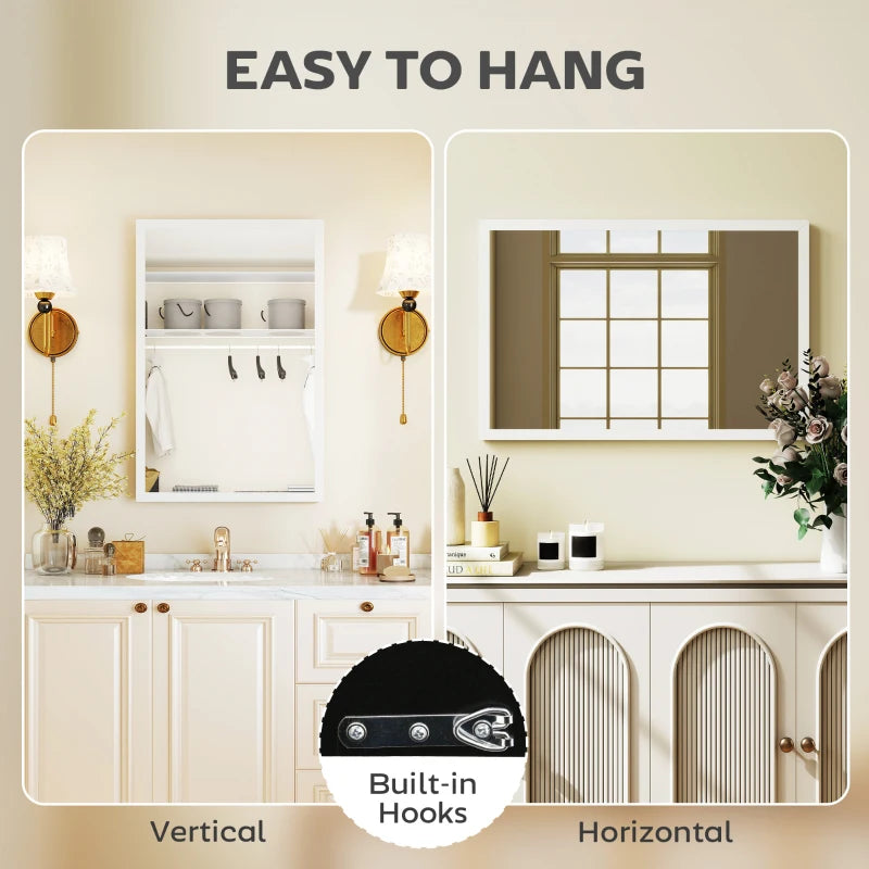 White wall mirror with built-in hanging hooks for vertical or horizontal mounting