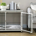 Indoor dog crate end table with open door, grey cushion inside, black bar front