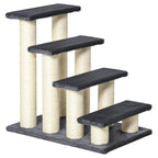 Grey 4-step pet stairs with dark cushioned treads and sisal-wrapped posts