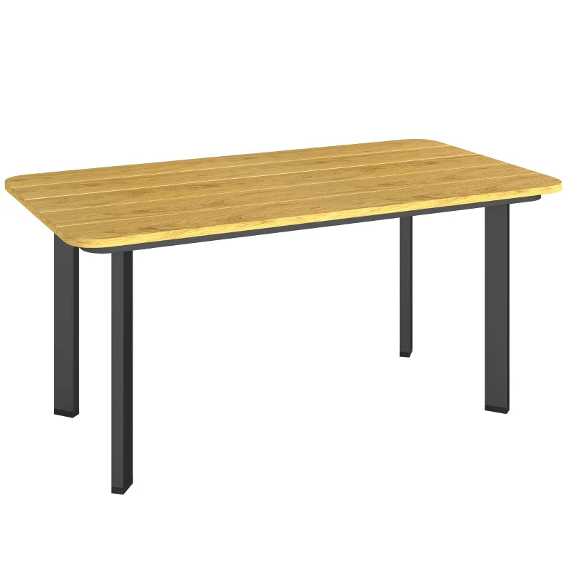 Outdoor garden coffee table with slatted wood-toned top and dark metal legs