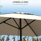 Beige square canopy parasol underside with brown trim, showing rib supports and pole