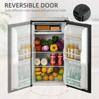 Open black mini fridge with storage bins and a reversible-style door swing