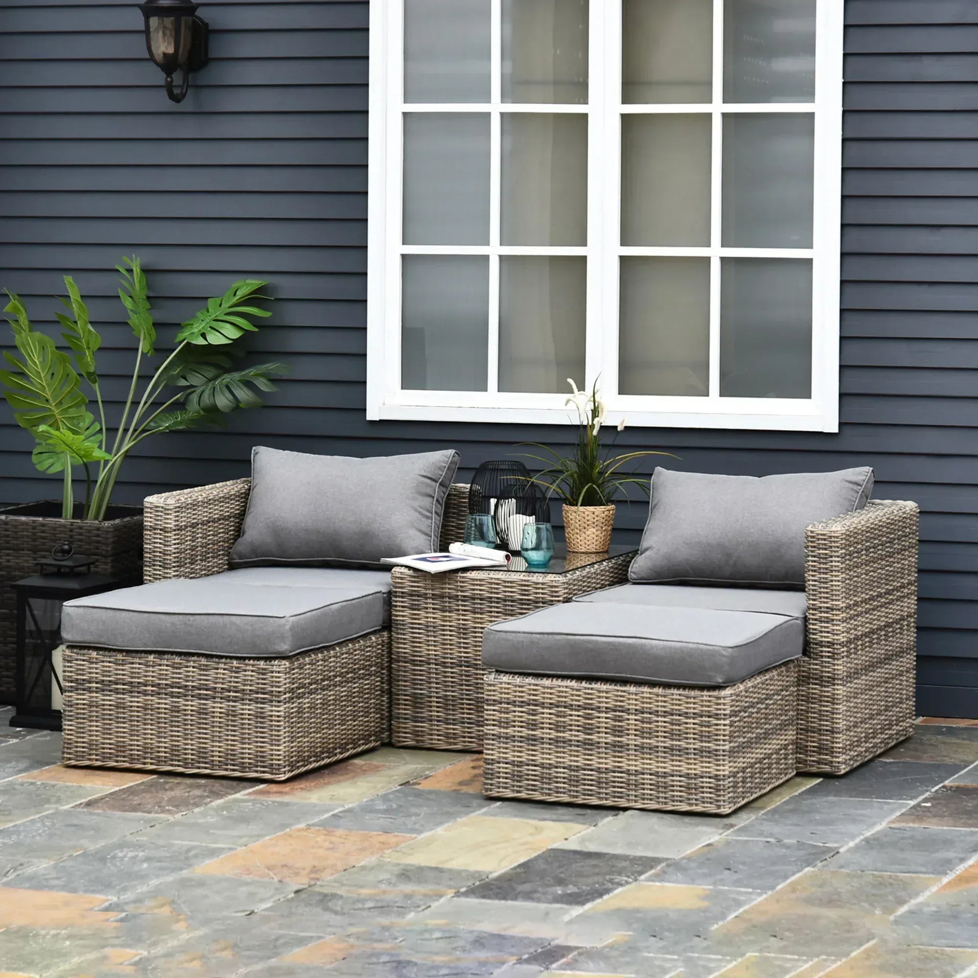 5 Piece Rattan Garden Furniture Set w/ 10cm Thick Cushions, Aluminium Frame Wicker Outdoor Balcony Sofa Set with Corner Armchairs, Ottomans, and Glass Top Table, Mixed Brown - Bobobiy