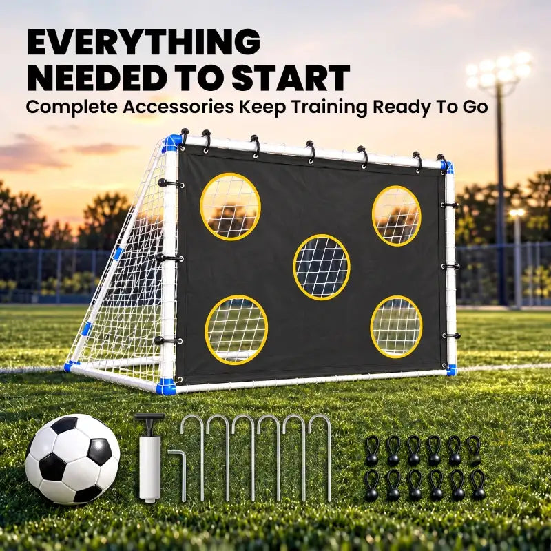 Portable football practice goal with black target cloth and yellow-ring circular target zones