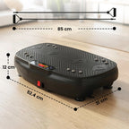 Black vibration plate exercise machine with control screen and size markings